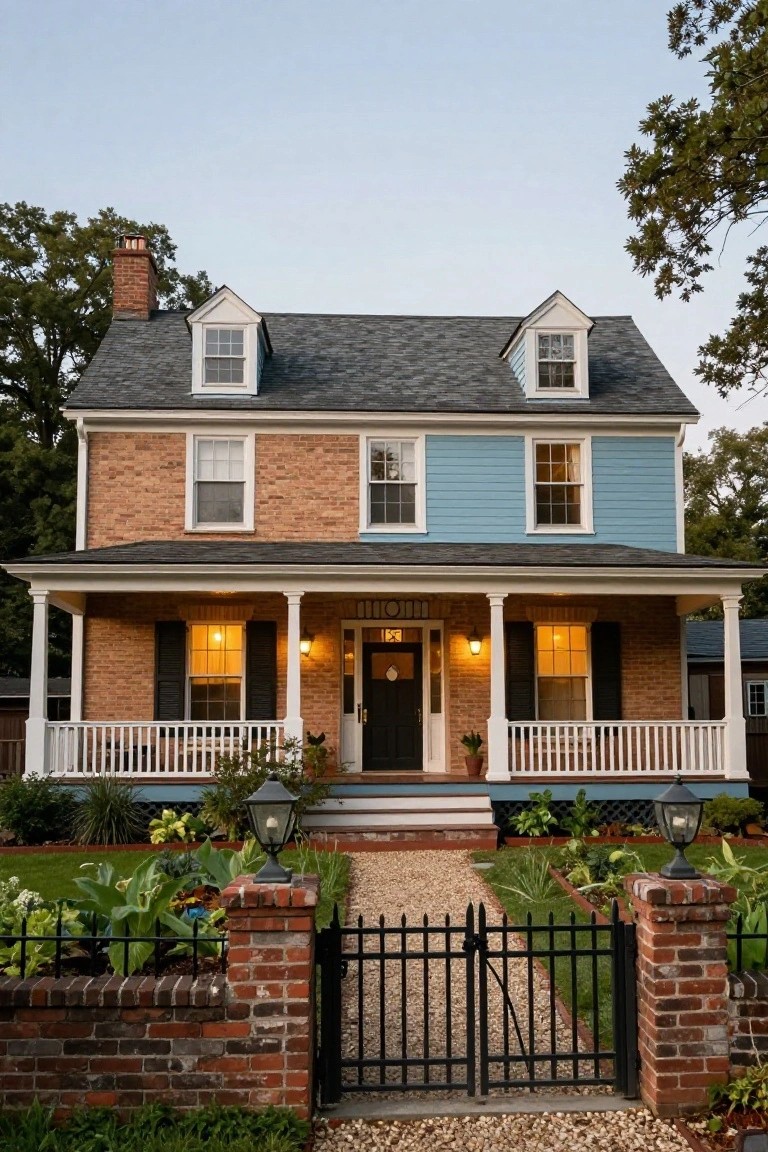 Two-story Colonial house with red brick first floor, light blue siding on second floor and dormers, white porch columns and trim, black front door, brick pathway, iron gate, and front garden beds.