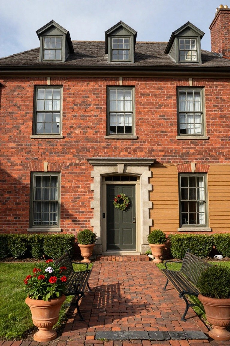 Front exterior of a red brick colonial house with dormer windows, green door with holiday wreath, tan siding on right side wall, brick path, benches, and potted plants in yard.