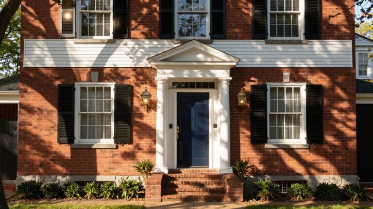 21 Colonial House Exterior Brick And Siding Combos That Work Well Two-story Colonial-style house with red brick base, white clapboard siding upper level, black shutters on windows, white-columned porch with blue front door, brick steps, boxwood shrubs, and front lawn.