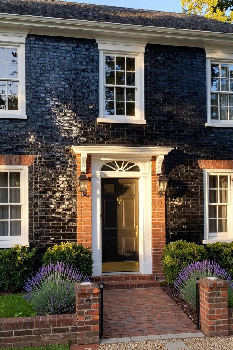 Front view of a two-story colonial house featuring glossy black brick walls, white trim on multi-pane windows and arched entry door, red brick accents around the porch and pathway, with lavender plants and boxwoods in the front yard.