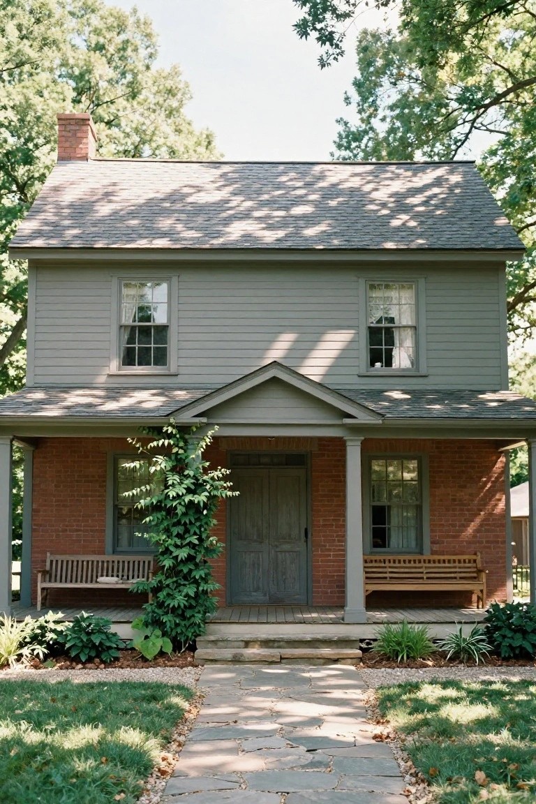 Two-story colonial house with light gray clapboard siding, red brick foundation and chimney, covered front porch with brick pillars and wooden benches, climbing vines on porch, stone path to door, and lawn with plants.