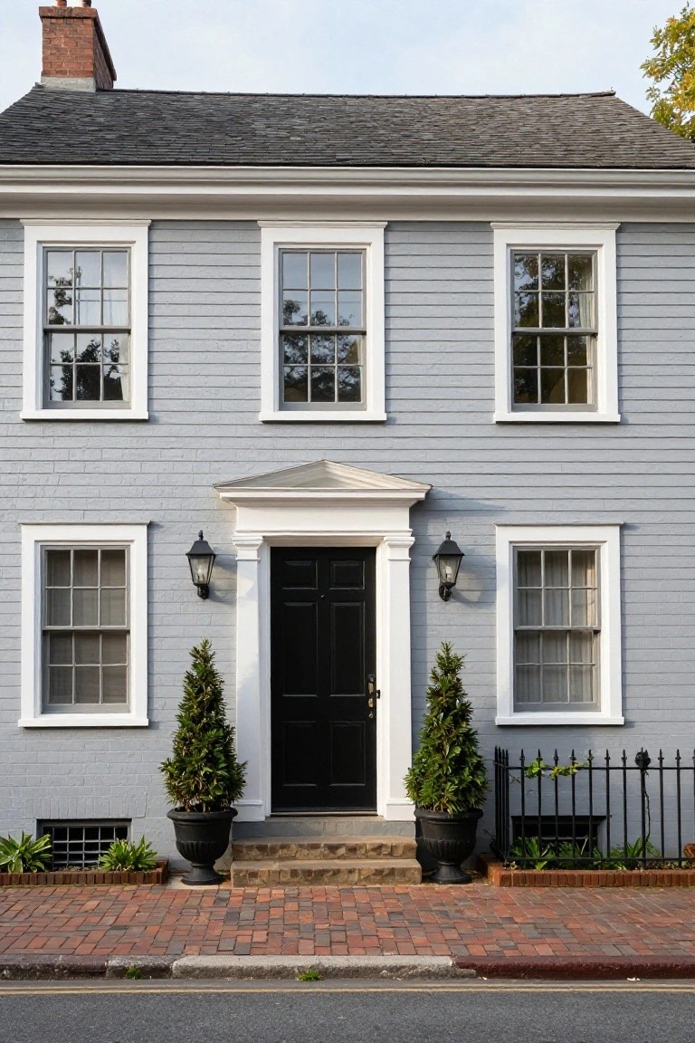 Two-story colonial house painted light gray with white trim around multipane windows and a centered black front door flanked by lanterns and potted topiary trees, red brick chimney, brick walkway, and black iron fence.