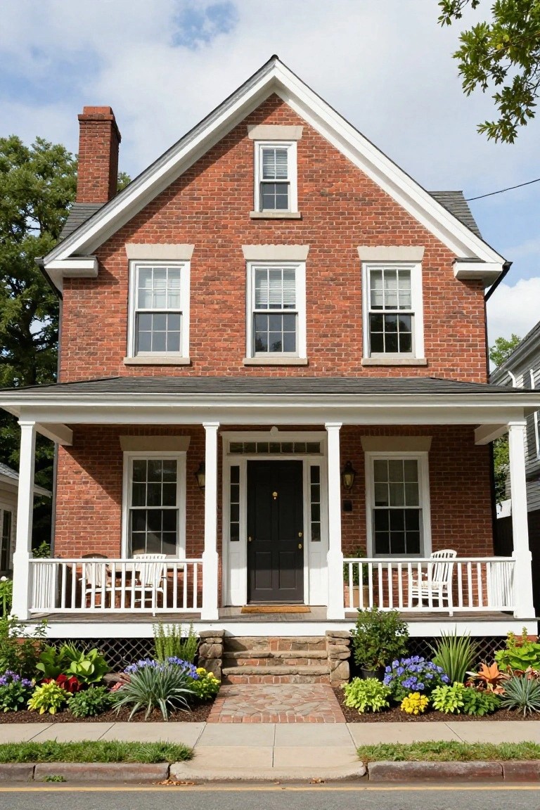 Two-story red brick Colonial house with white-trimmed windows, covered front porch supported by columns, white chairs on porch, and landscaped flower beds along the front sidewalk on a street.
