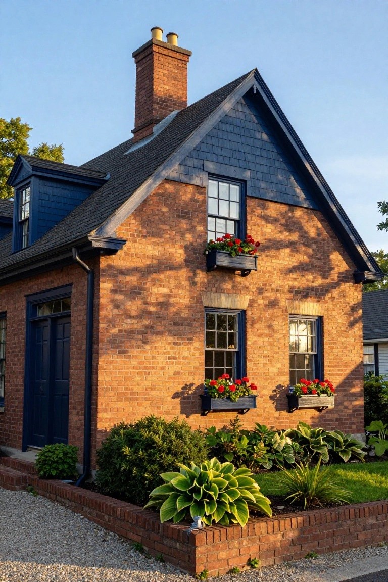 Corner view of a brick colonial house with navy blue shingled gables and dormer, blue-trimmed multi-pane windows and double doors, window boxes of red geraniums, and low plantings along the base on a gravel edge.