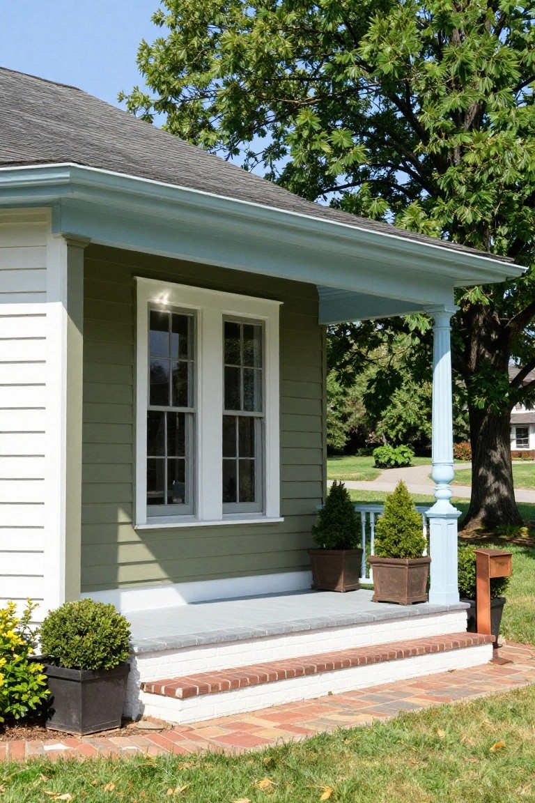 Corner view of a Colonial-style house with white siding on one side, sage green siding on the other, double windows, blue porch railing and column, brick entry steps, potted plants, and grass lawn.