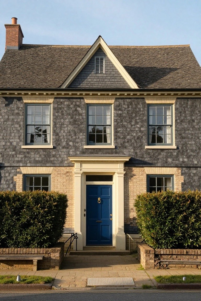 Two-story colonial-style house with gray shingle siding, light brick trim around multi-pane windows and entryway, blue front door with brass knocker, flanked by clipped hedges, wooden bench nearby, on a paved street.