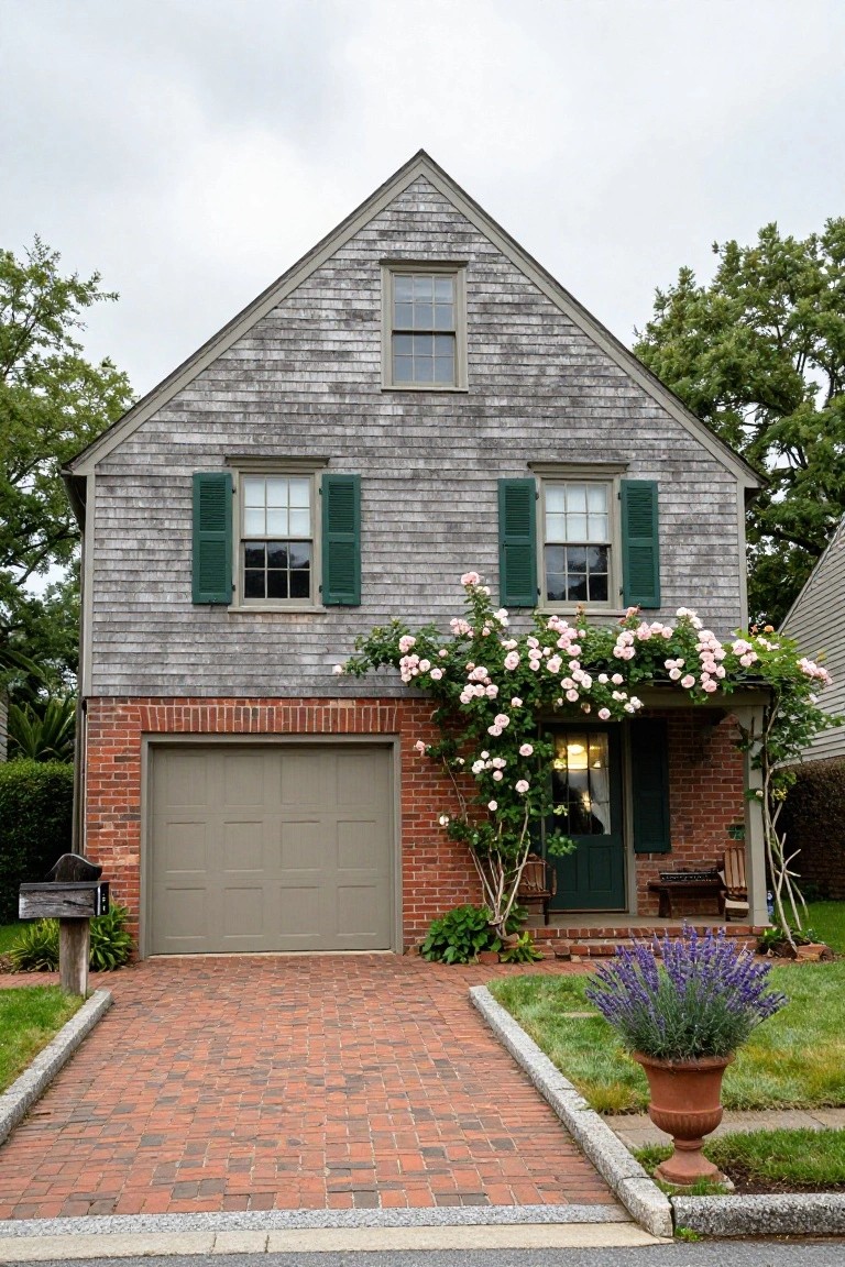 Front view of a two-story Colonial house with gray shingle siding, red brick garage base and entry, gray garage doors, green front door, pink climbing roses on porch, brick driveway, potted lavender plant, and surrounding trees and lawn.