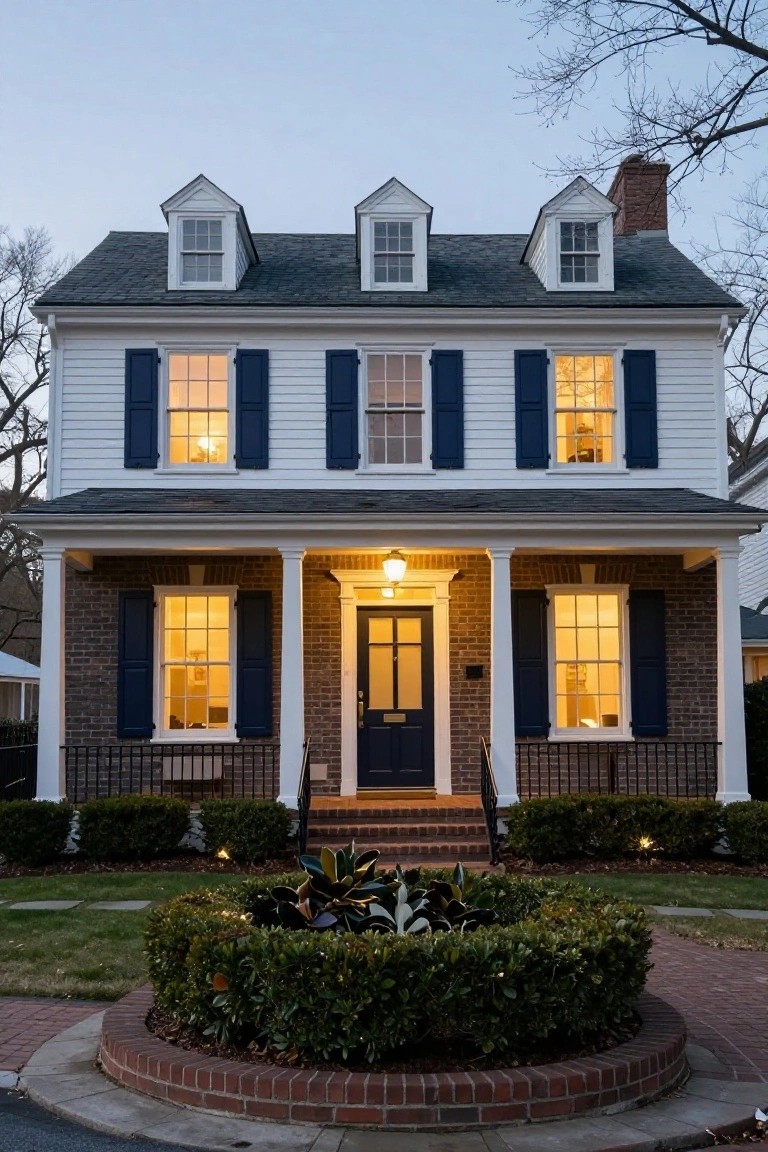 Two-story colonial house featuring white siding, navy blue shutters, brick foundation and porch supports, lit windows, front door with steps, and a circular brick-edged planting bed in the front yard at dusk.