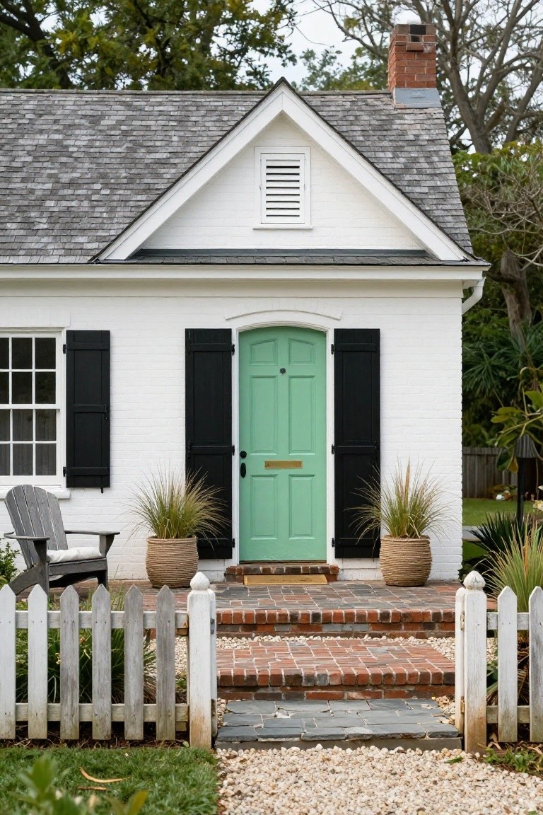 White clapboard-sided Colonial cottage with black shutters, arched mint green front door, brick entry steps, white picket fence, Adirondack chair, potted grasses, and surrounding trees and plants.