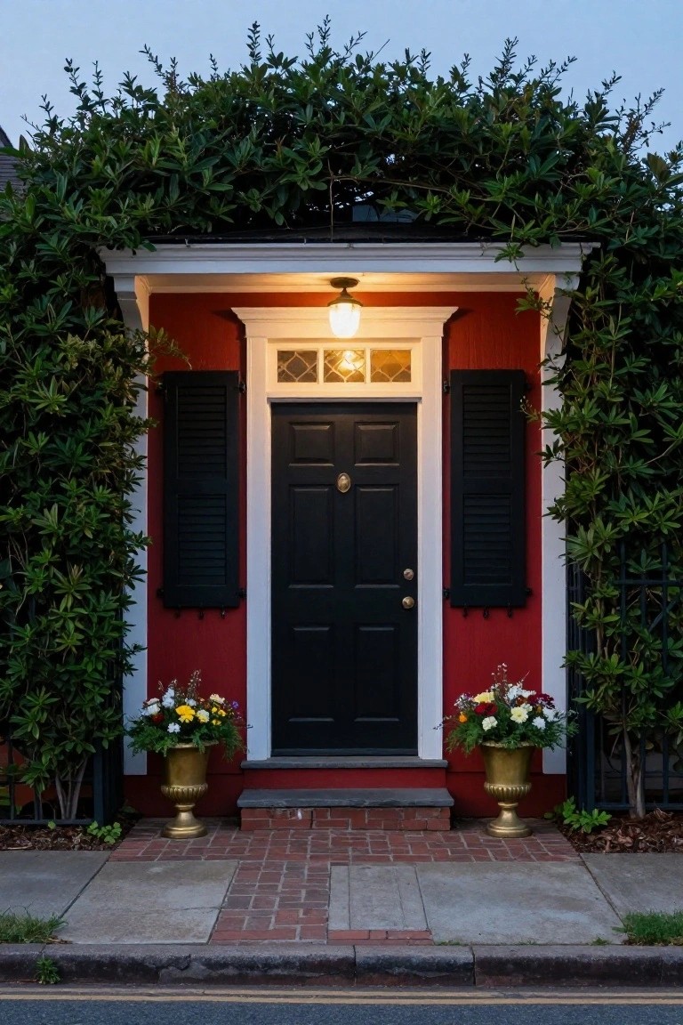 Red colonial house entrance with black paneled door, white trim, black shutters, overhead greenery arch, and matching gold urns holding colorful flowers on brick steps.