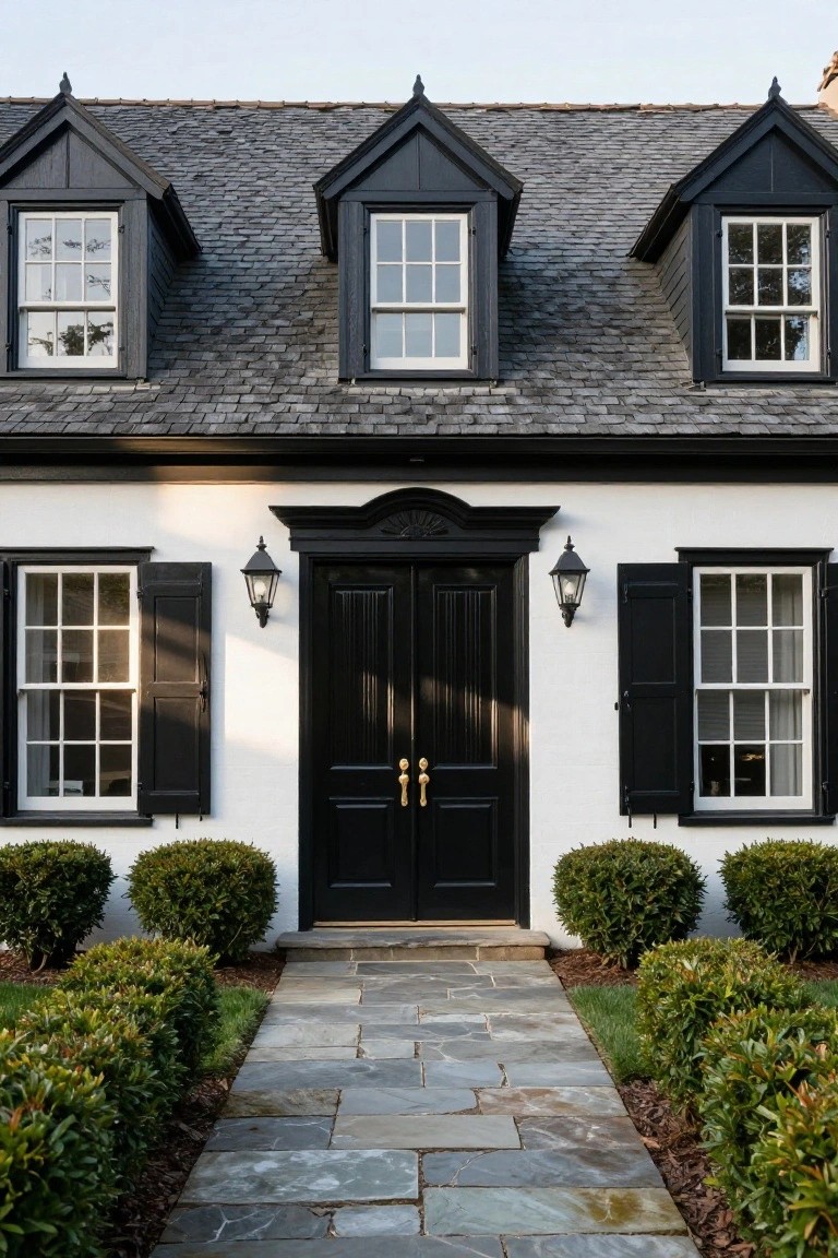 White Colonial house exterior featuring black-framed dormer windows, black double front doors with gold hardware flanked by black lanterns, black shutters on side windows, boxwood shrubs, and a slate stone pathway.