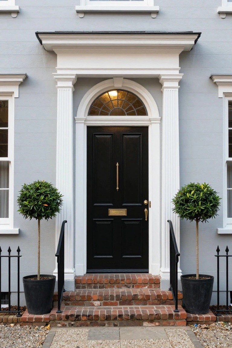 Gray clapboard house facade with white columned portico over a black paneled front door featuring gold knocker and handle, flanked by two potted topiary trees on brick steps with iron railings.