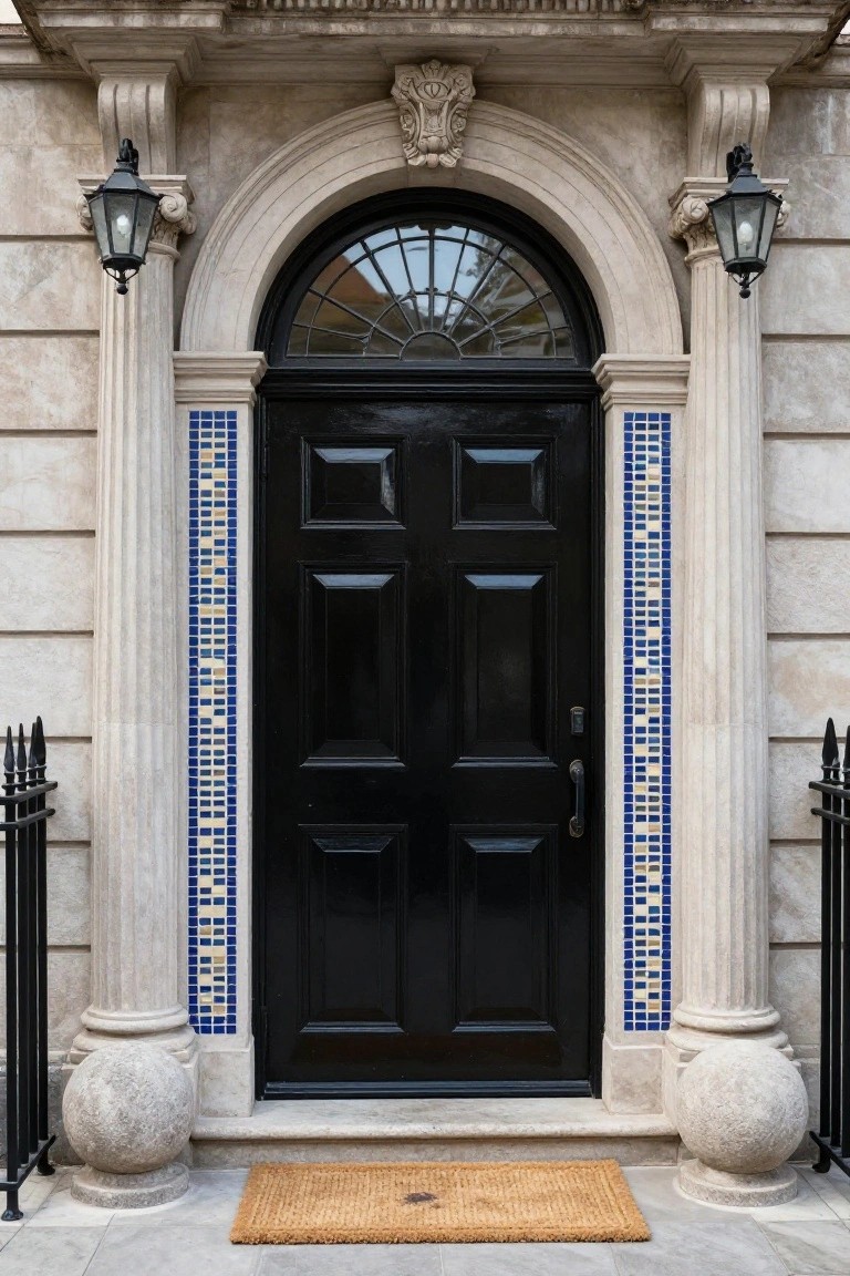 Black paneled front door in a stone archway with columns accented by blue and cream mosaic tiles, flanked by lanterns and stone urns on a doorstep with a woven mat.