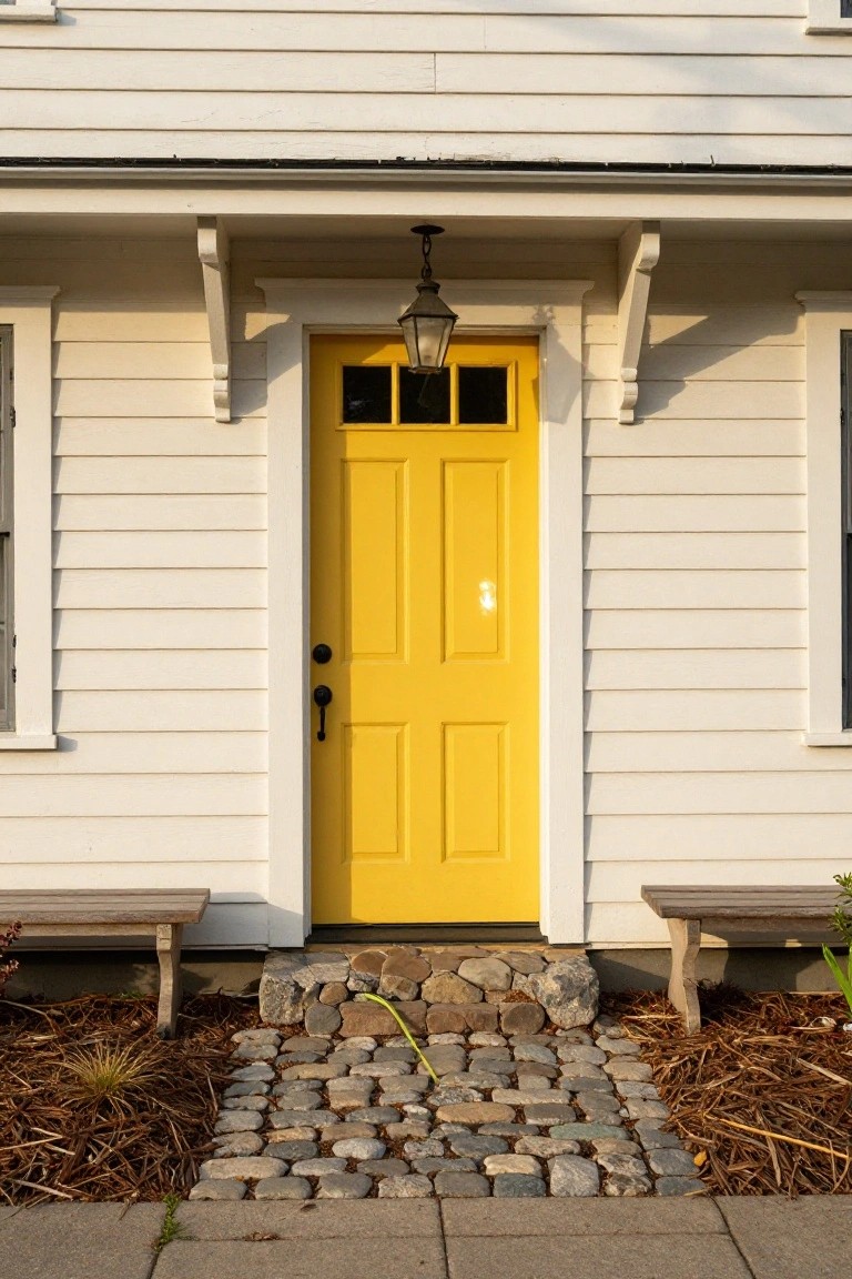 White clapboard house exterior featuring a glossy yellow paneled front door with nine glass panes, black doorknob, hanging lantern light, flanked by windows, wooden benches, stone pathway, and mulch landscaping.