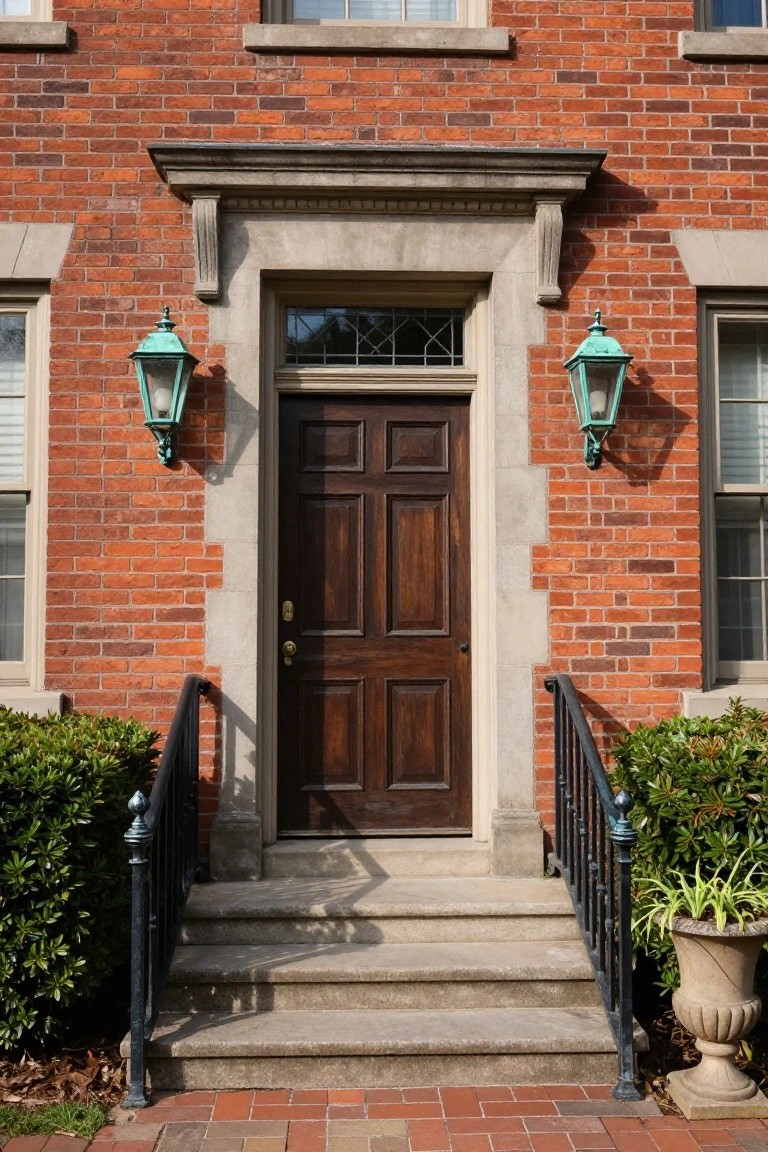 Red brick Colonial house entrance with centered dark wooden six-panel door in stone surround, flanked by two copper lanterns, black wrought iron railing on stone steps, boxwood shrubs, and potted plant beside brick walkway.