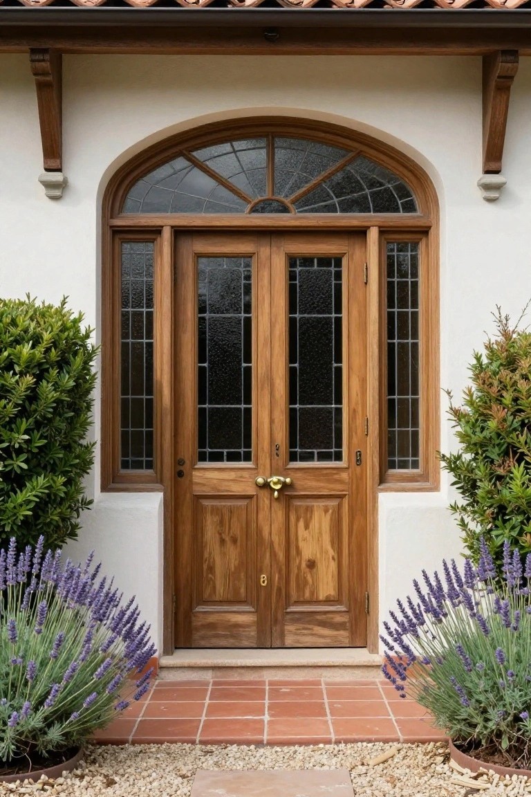 White stucco house exterior with a centered double wooden door featuring vertical leaded glass panels, brass knocker, under an arched stained glass fanlight, flanked by lavender plants and boxwood shrubs on terracotta steps with gravel path.