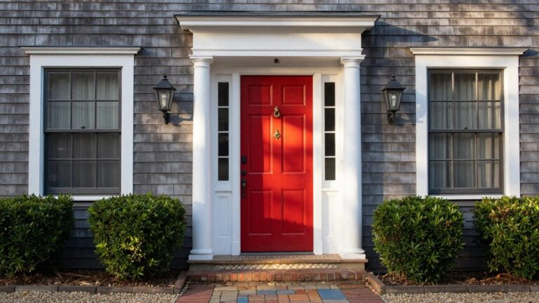 Gray shingle-clad Colonial house with white pedimented portico supported by fluted columns, centered bright red front door with brass knocker and knob, flanked by black lanterns and boxwood shrubs, brick steps to stone and gravel path.