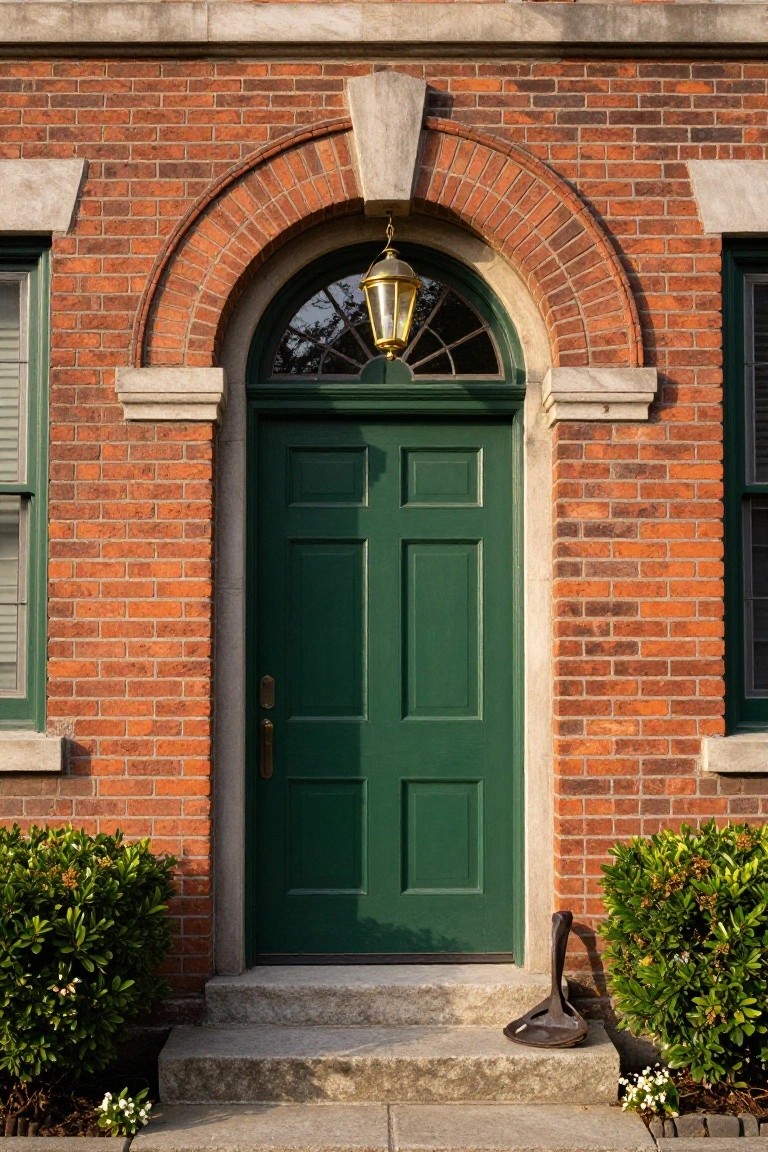 Green six-panel front door on a red brick house with arched transom window above, flanked by green-shuttered windows, stone stoop with boot scraper, and boxwood shrubs on either side.