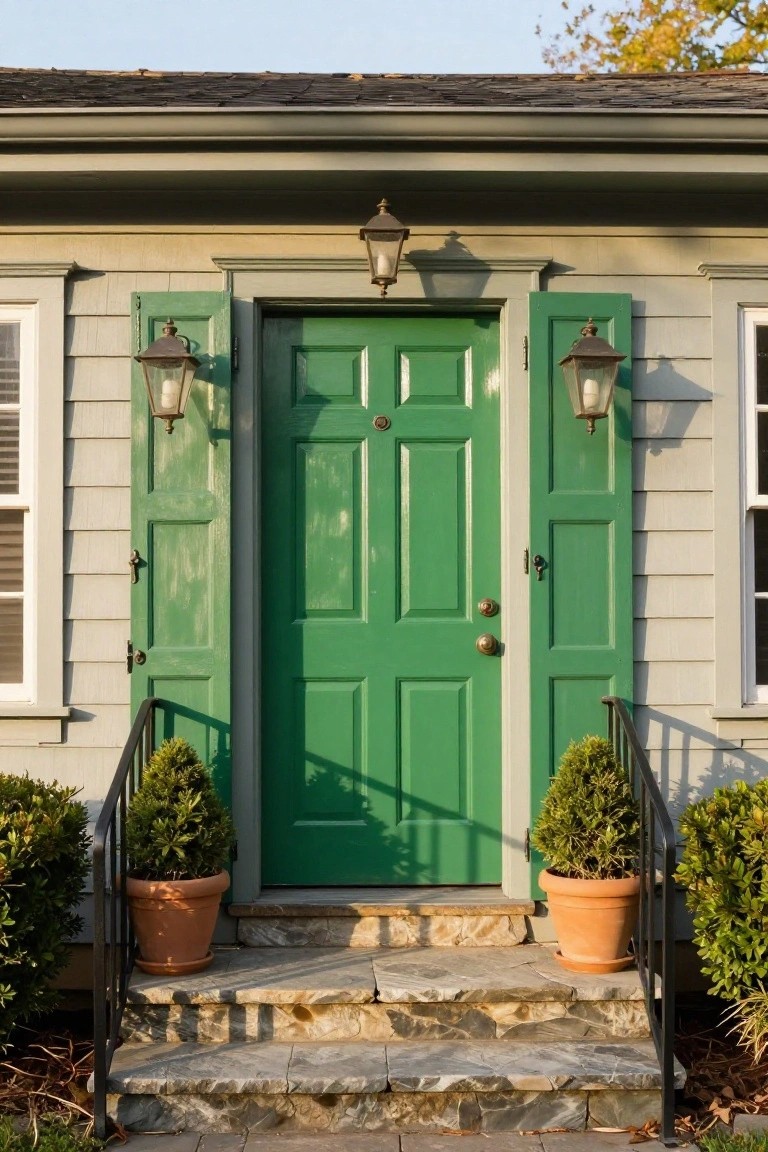 Gray shingled house facade with centered bright green paneled door, flanked by open green shutters and hanging lanterns, stone steps with wrought iron railings and orange terracotta pots of boxwood topiaries.