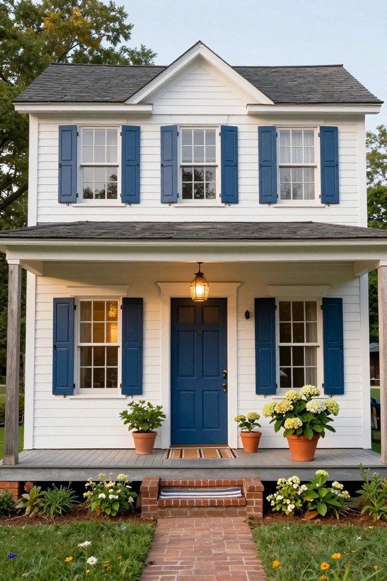 Small two-story white clapboard house with navy blue shutters and front door, white porch columns, hanging lantern, potted plants on porch, brick steps, and garden bed with flowers.