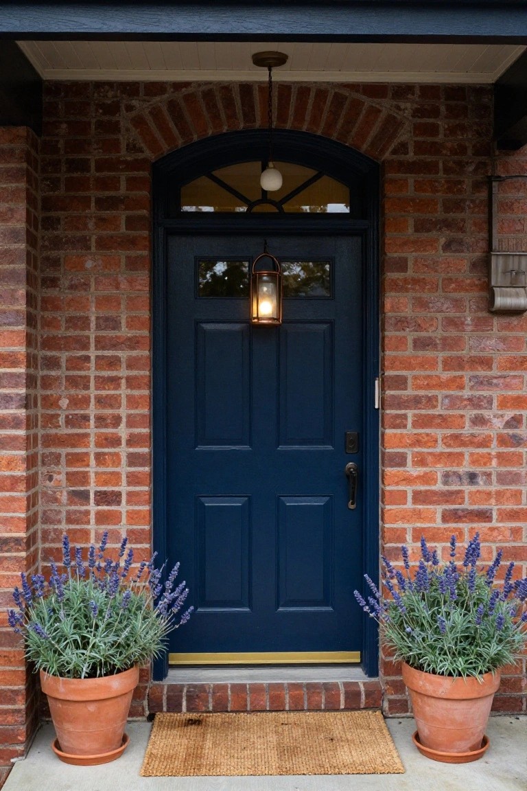 Red brick arched entryway with navy blue paneled front door, glass window above, hanging lantern light, two terracotta pots of purple lavender plants flanking the gold threshold, woven welcome mat, and wood porch ceiling.