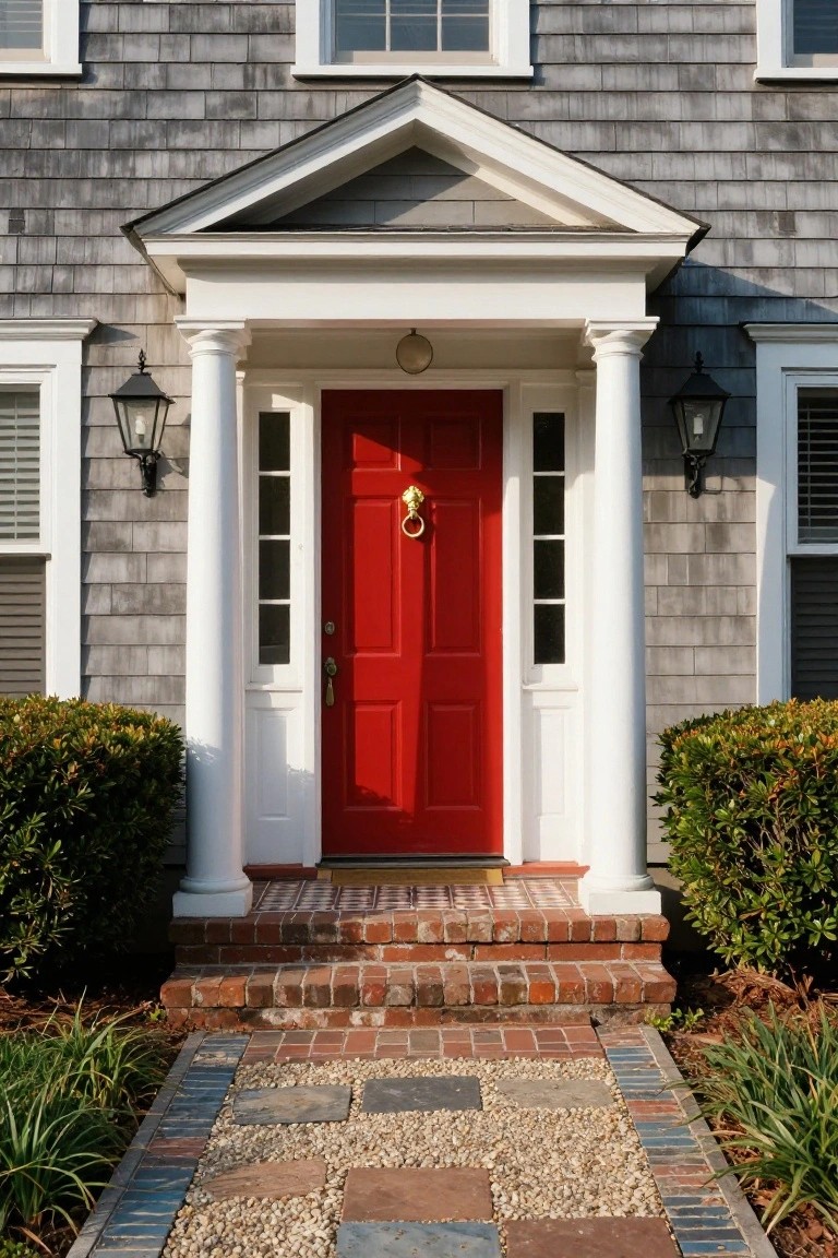 Gray shingle-clad Colonial house with white pedimented portico supported by fluted columns, centered bright red front door with brass knocker and knob, flanked by black lanterns and boxwood shrubs, brick steps to stone and gravel path.