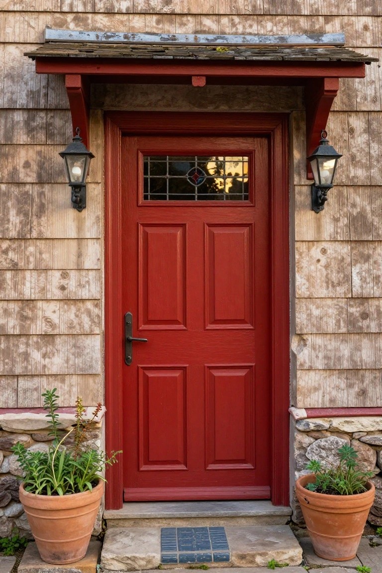 Red wooden front door with leaded glass window and black knob, set in a shingled wall under a porch overhang, flanked by black lanterns and terra cotta pots with plants on stone bases.