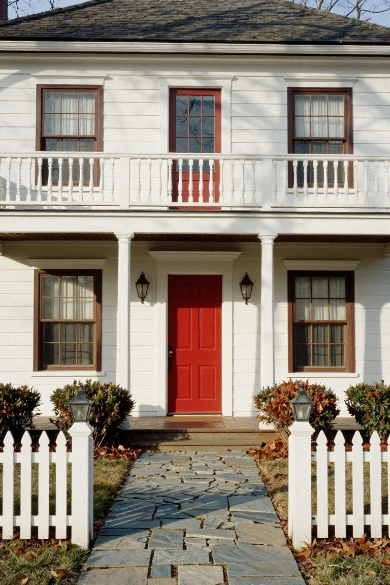 White two-story colonial house with red front door, white porch columns, upper balcony, dark-framed windows, white picket fence, stone walkway, and clipped shrubs.