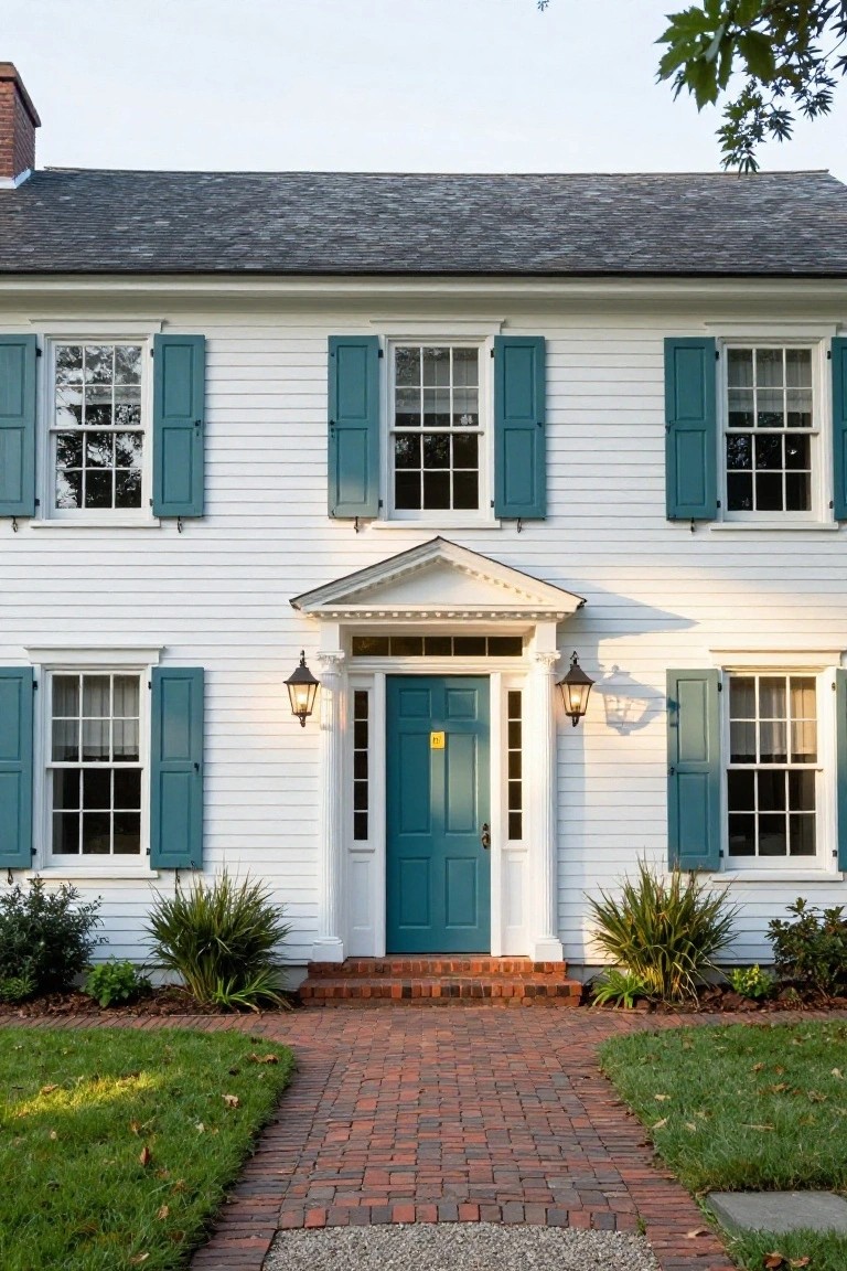 White clapboard colonial house with teal shutters, a teal front door under a pedimented entry with lanterns, brick walkway, and grass lawn.