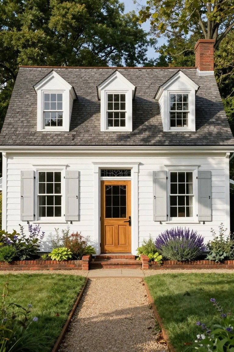 White clapboard colonial-style house with gray shingled gable roof, two dormer windows, light gray shutters on side windows, warm wood front door with glass panel, brick chimney, flower beds, and gravel entry path edged by grass.