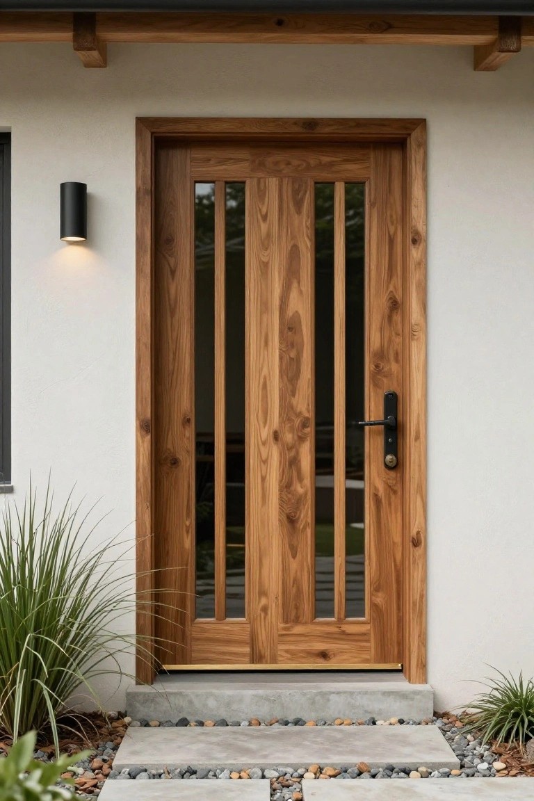 Wooden front door featuring vertical glass panels and dark wood grain, set into a white stucco wall next to a black wall light, with ornamental grasses and a pebbled stone pathway at the base.