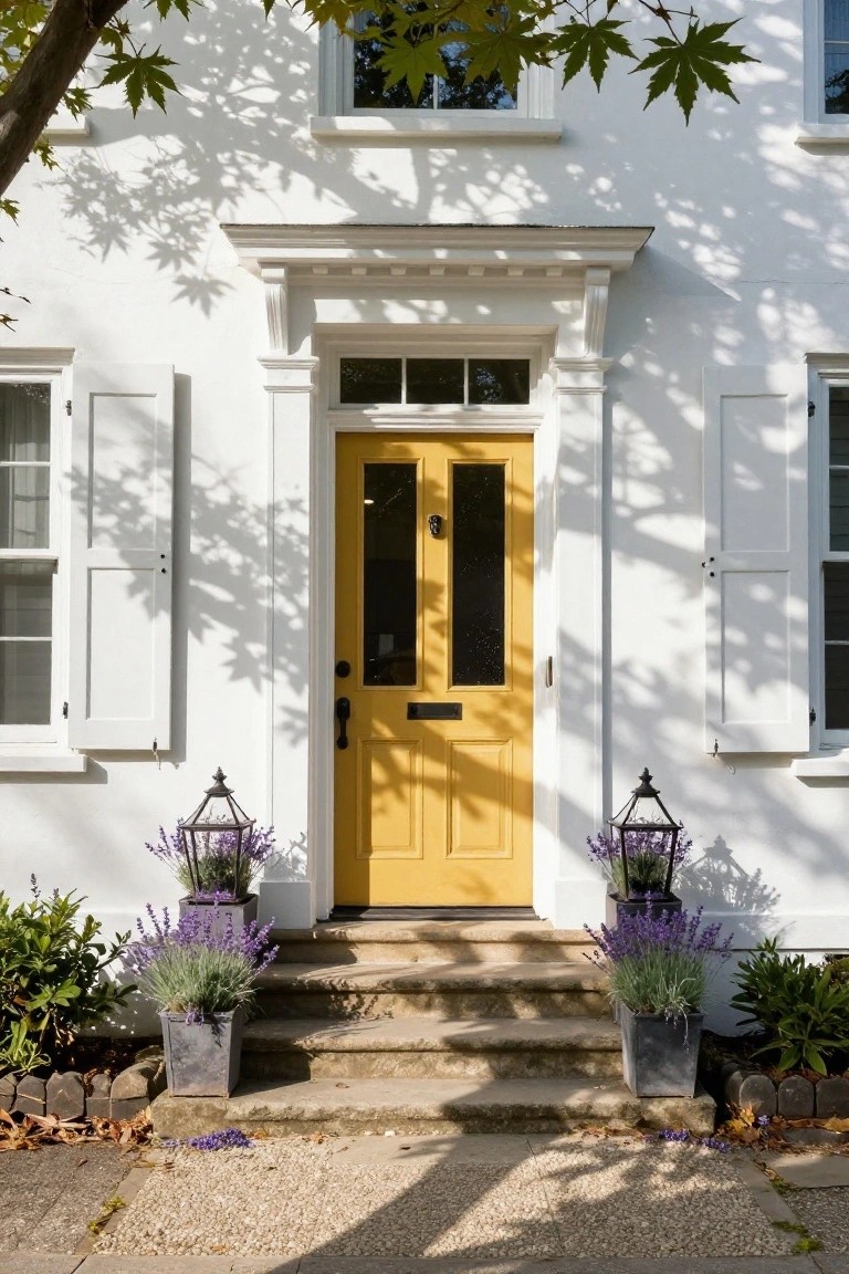White colonial-style house exterior with yellow front door, black shutters, lanterns, and lavender pots flanking stone steps under tree shadows.