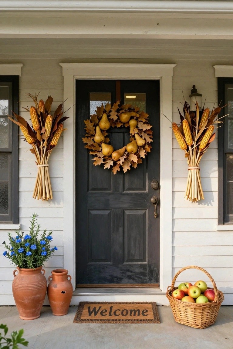 White colonial house front porch with black door centered under a porch roof, decorated with yellow pear and leaf wreath on door, cornstalk bundles tied to siding beside door and windows, blue flowers in terracotta pots, basket of apples, and welcome mat.