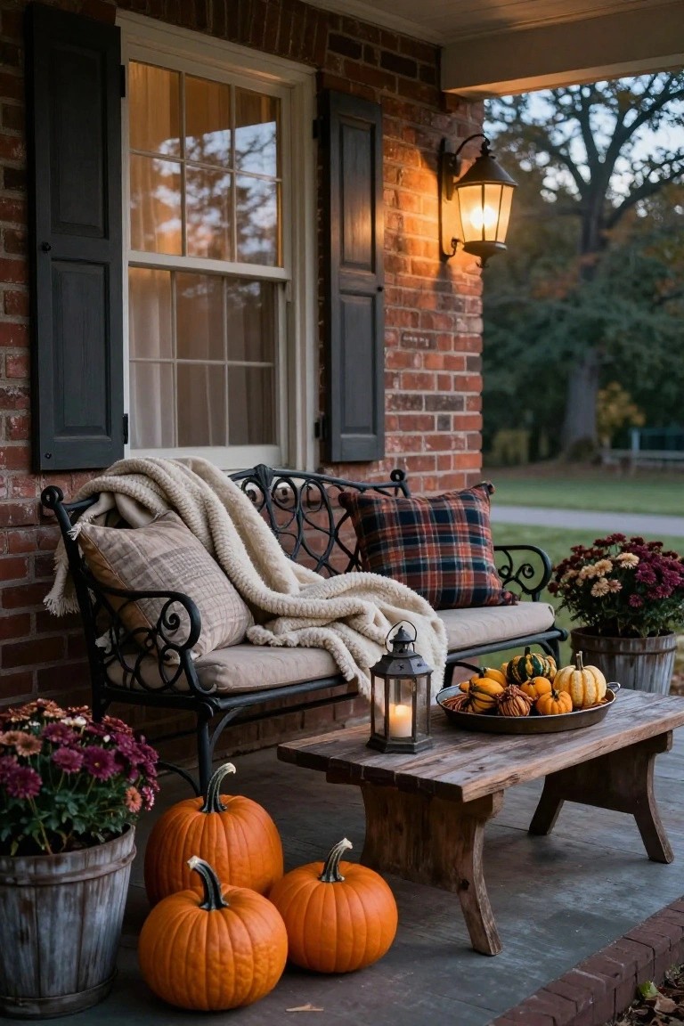 Brick colonial house porch with black wrought iron bench topped by beige cushions, plaid pillow, and cream throw blanket, low wooden table displaying small pumpkins, gourds, and lit lantern, potted mums and large orange pumpkins nearby.