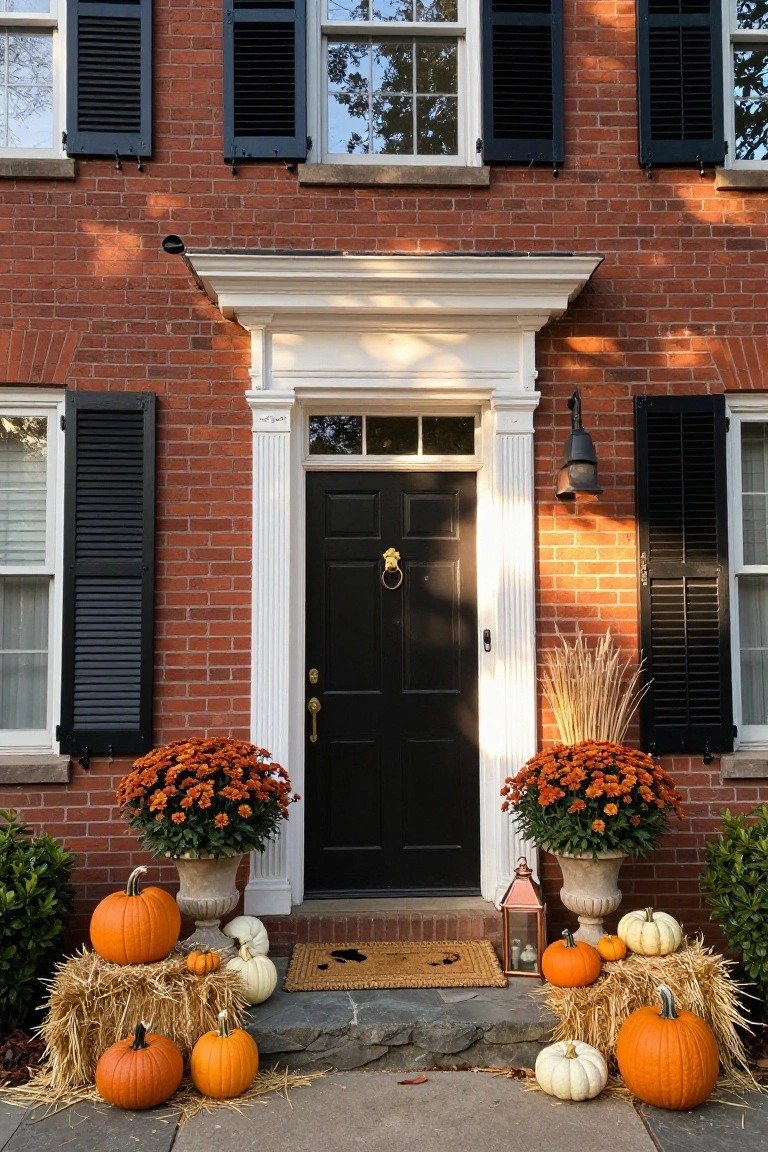 Red brick colonial house with black front door and white trim, flanked by orange chrysanthemum pots in urns, hay bales stacked on stone steps holding assorted orange and white pumpkins, and a copper lantern nearby.