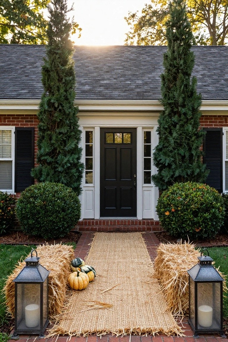 Brick colonial house exterior with black front door flanked by tall evergreen trees and boxwood shrubs, brick path covered by sisal runner edged with hay bales, small pumpkins, and metal lanterns with candles.