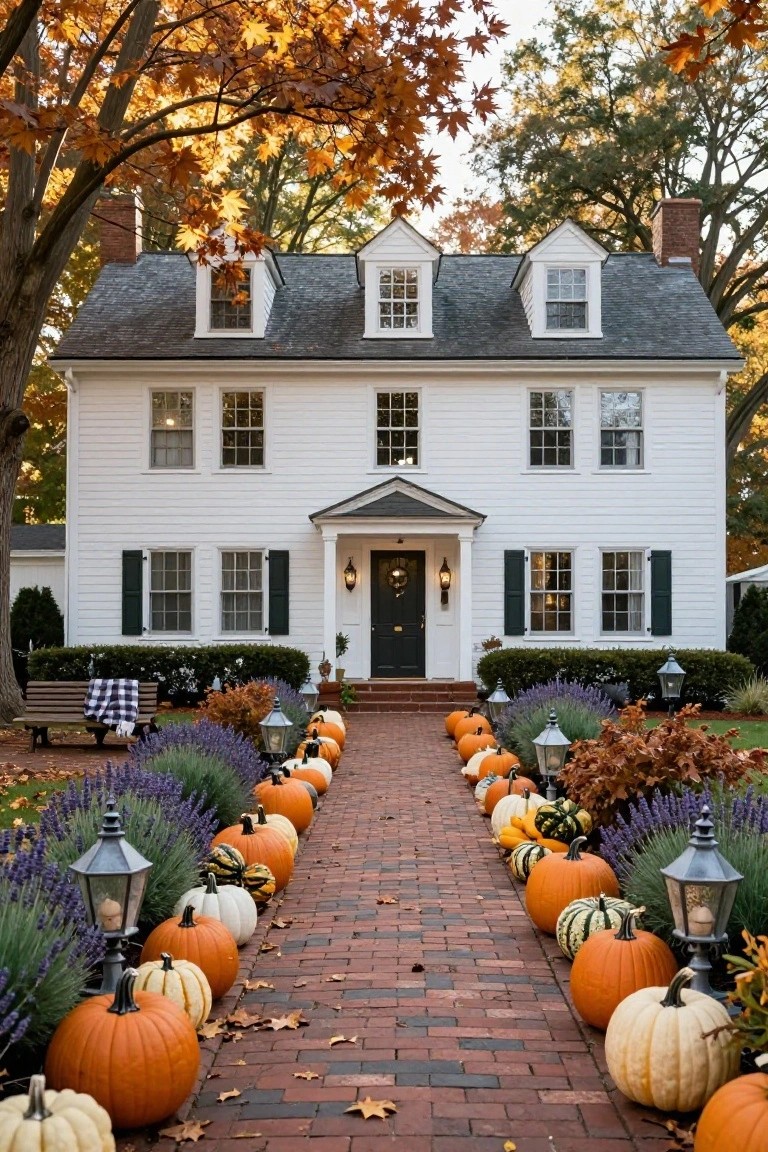 White colonial style house with gray shingled roof and dormers, red brick pathway lined with orange, white, and striped pumpkins flanked by lavender plants and metal lanterns, autumn trees and leaves in the yard.