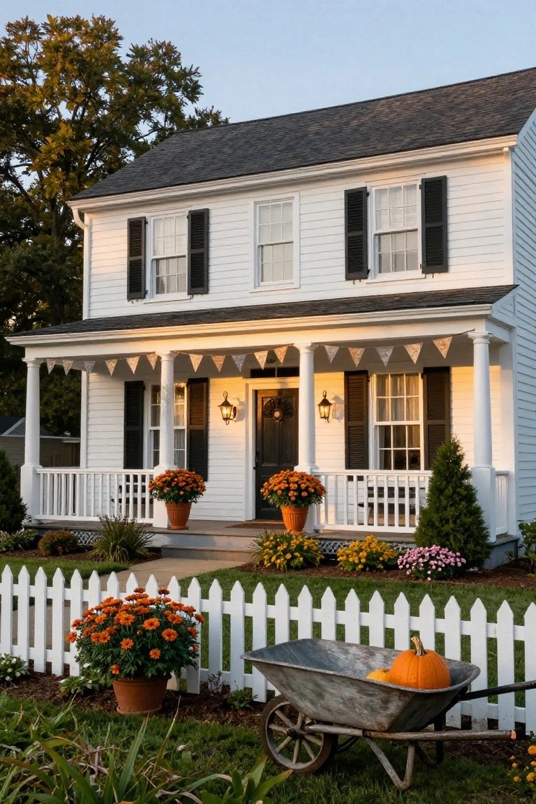 White two-story colonial house with black shutters and dark roof, featuring a front porch decorated with beige bunting garlands on columns, potted orange mums, lanterns by the black door, and a wheelbarrow of pumpkins by a white picket fence in the yard.