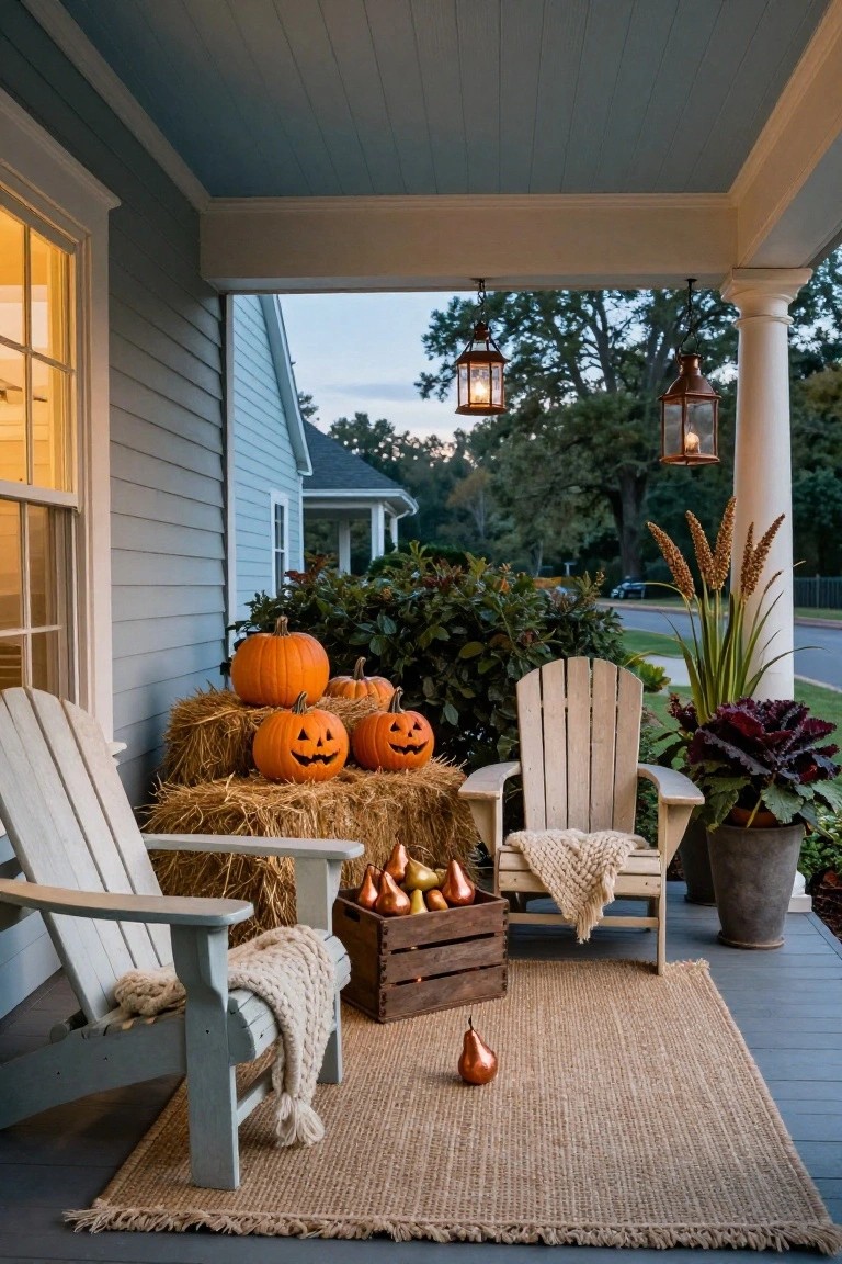 A covered porch on a light blue house with white Adirondack chairs draped in white blankets, stacked hay bales topped with orange carved pumpkins, hanging brass lanterns, potted plants, and wooden crates on a gray deck at dusk.