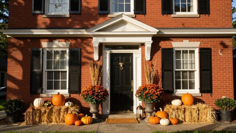 Red brick colonial house with black front door and white trim, flanked by orange chrysanthemum pots in urns, hay bales stacked on stone steps holding assorted orange and white pumpkins, and a copper lantern nearby.