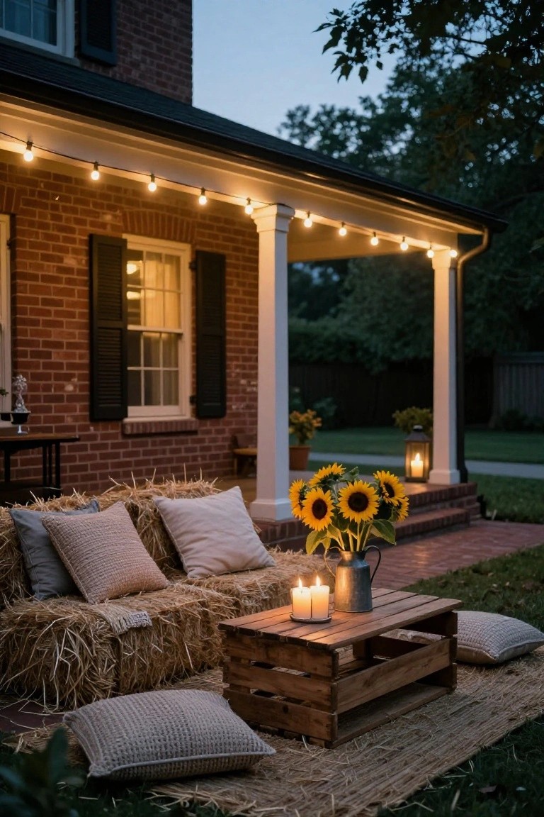 Brick colonial house porch at dusk featuring hay bale seating with pillows, wooden crate table holding candles and sunflowers in a metal pitcher, string lights overhead, potted plants, and lanterns.