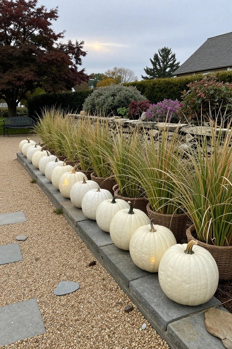 Row of white pumpkins aligned along a low stone wall beside tall ornamental grasses in woven baskets, on a gravel path with stone pavers and garden plants in the background.