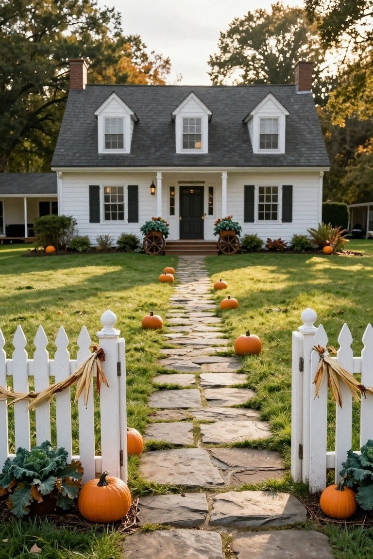 White colonial house with dark gray roof and black shutters, surrounded by trees and fall landscaping, with a stone pathway lined with orange pumpkins leading through a white picket fence to the front steps.