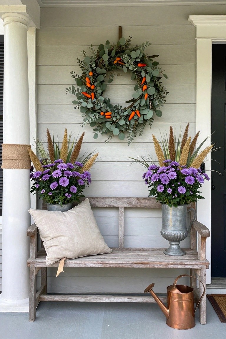 White shiplap porch with black door and column, featuring eucalyptus wreath with orange peppers, two galvanized buckets of purple daisies and pampas grasses flanking a weathered bench with cream pillow, and copper watering can on the floor.