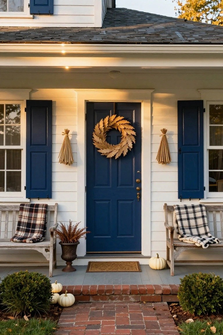 White clapboard colonial house exterior featuring a navy blue front door with a large gold leaf wreath, navy shutters, plaid blankets draped over wooden benches on the porch, wheat bundles hanging on the wall, potted fall plants, and white pumpkins on a brick pathway.