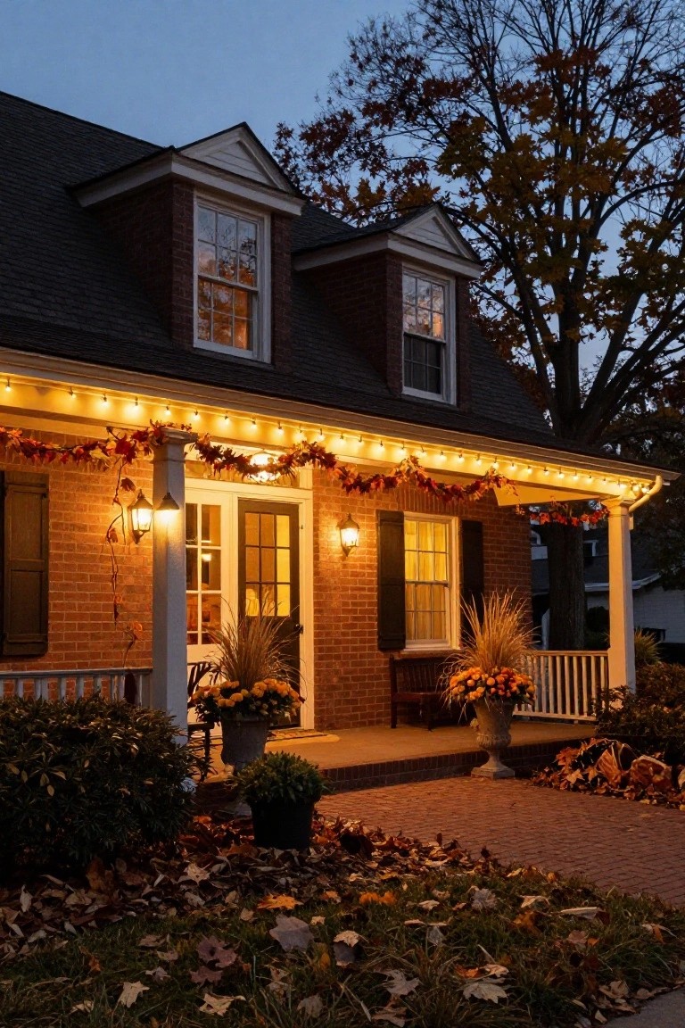 Porch String Lights with Fall Garlands