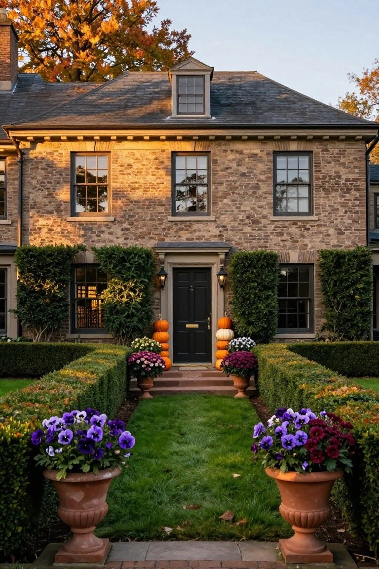 Brick colonial house exterior with stacked orange and white pumpkins, potted mums and purple pansies in terracotta urns, boxwood hedges, and fall foliage framing the black front door and steps.