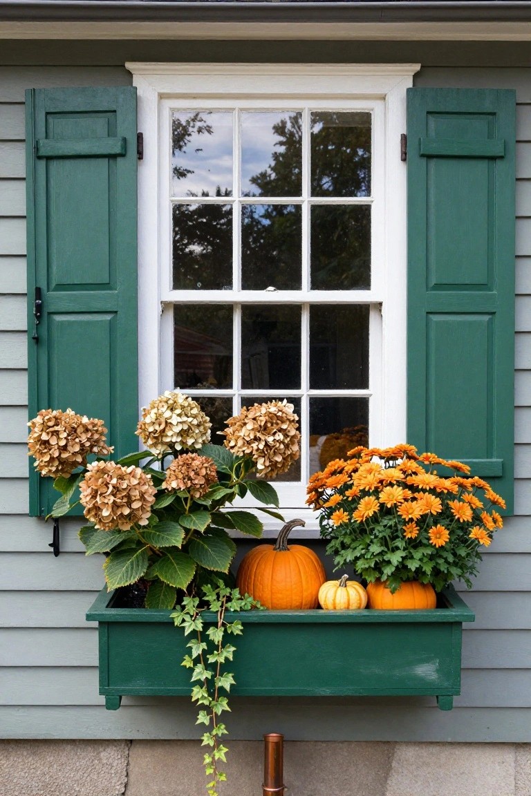 Green window box mounted below a white multipane window on a light gray colonial house with green shutters, filled with hydrangea blooms, orange mums, pumpkins, and ivy.