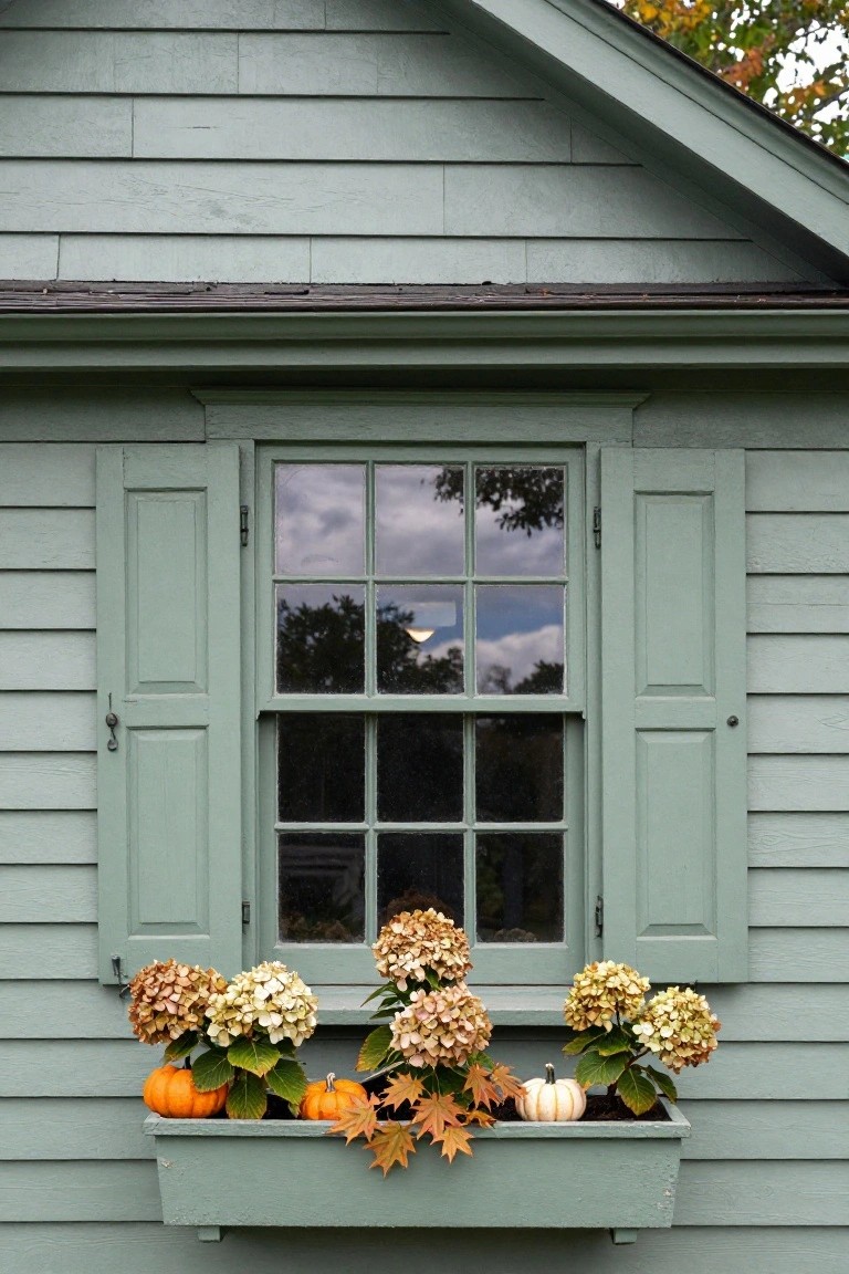 Sage green clapboard house exterior with open wooden shutters framing a six-over-six window, and a matching window box planter below filled with hydrangeas, small pumpkins, and autumn leaves.