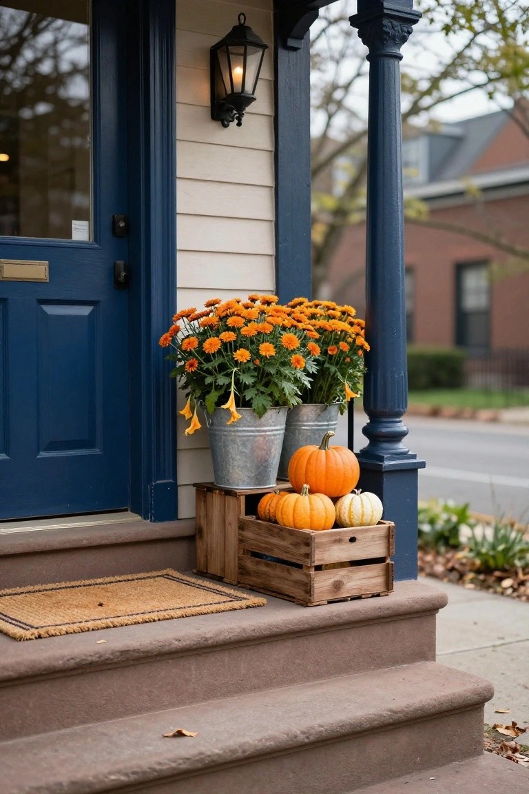 Blue front door of a colonial house with porch steps decorated for fall, featuring a wooden crate of orange and white pumpkins, galvanized buckets of orange mums, and a lit lantern on the column.